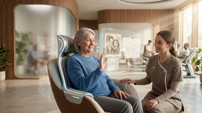 Senior woman interacts with holographic memory photos in a futuristic healthcare facility assisted by a caring nurse in a modern clinic