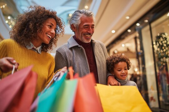 Happy Family with Colorful Shopping Bags in a Mall