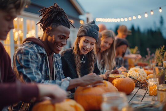Happy Young Friends Carving Halloween Pumpkins Outdoors at Dusk