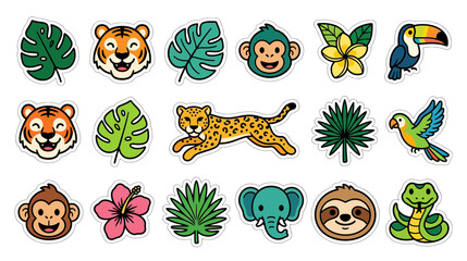 Naklejka premium Cute Jungle Animals and Tropical Leaves Sticker Set
