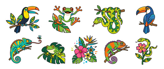 Naklejka premium Cartoon Tropical Animals and Plants Collection Isolated