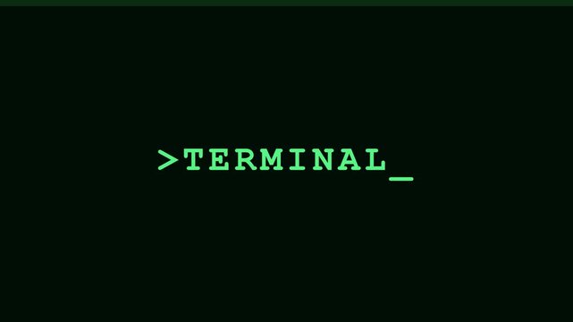 Terminal command line interface text animation with blinking cursor on 4k black background, coding programming