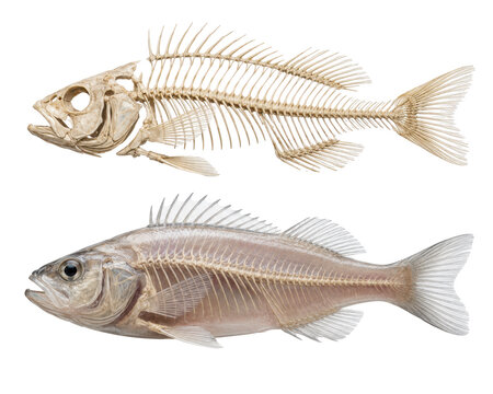 Fish anatomy comparison showing internal skeletal structure and external fish body design isolated on transparent background
