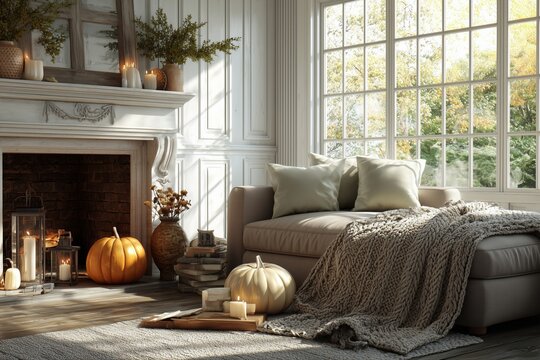 Inviting Autumn Living Room with Fireplace, Pumpkins, and Sunlight