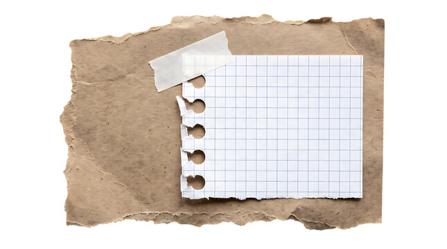 A blank squared paper note attached with adhesive tape on a piece of vintage torn cardboard texture transparent background