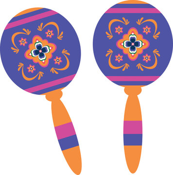 Colorful Mexican maracas vector illustration, isolated festive traditional Latin American musical percussion instruments with floral ornaments on a transparent background.