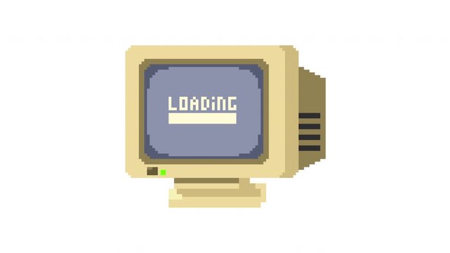 Old-School pixel art computer loading data sprite - Isolated UI Asset. Retro-Pixel CRT Monitor Loading Screen Animation - 8-bit Interface