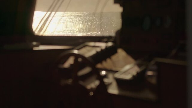 Details of the expeditional sailing vessel moving in the open ocean