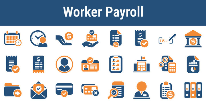 Icons for poll worker time tracking stipends tax forms approval and payment records. Useful for election office HR dashboards payroll workflows and administrative service graphics