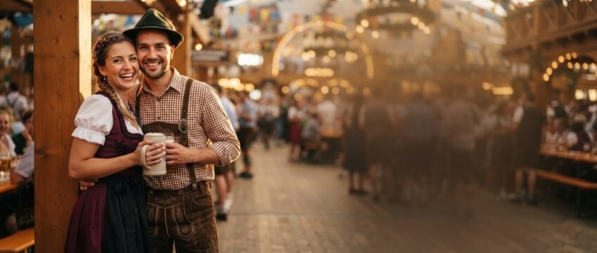 Happy couple in traditional bavarian costume drinking beer at oktoberfest. Man in lederhosen and woman in dirndl at german beer festival. Autumn folk celebration concept.