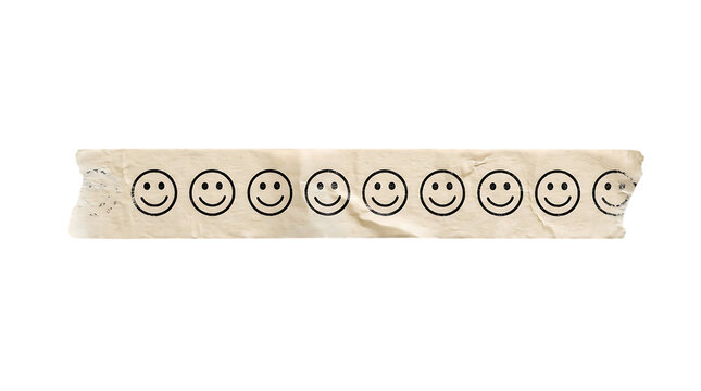 A strip of textured masking tape featuring a repeating pattern of black stamped smiley face icons isolated on transparent background transparent background