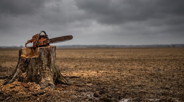 Old chainsaw resting on a tree stump in a barren deforested landscape