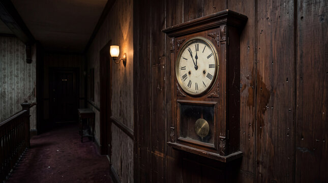 Antique wooden wall clock in a dark spooky hallway