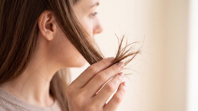 Young woman holding and examining her damaged hair with split ends