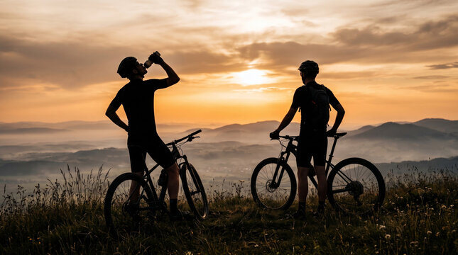 Two mountain bikers silhouetted against a sunset sky on a grassy hilltop