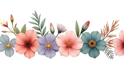 Obraz premium Beautiful watercolor flower border with colorful blooming petals and green leaves design
