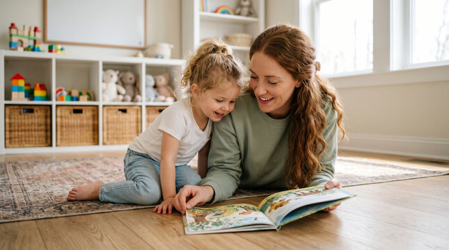 Mother and daughter reading a book together in a cozy playroom