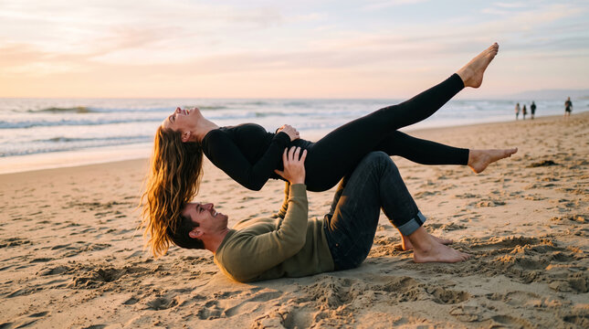 Couple enjoys acro yoga on the beach at sunset with laughter and joy