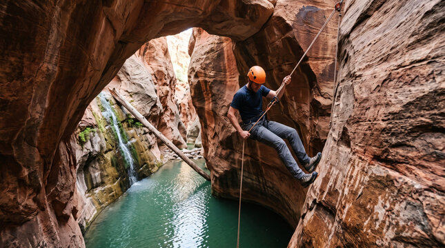 Man rappelling down a narrow canyon with a waterfall and turquoise water below