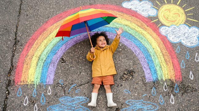 Joyful child with rainbow umbrella and chalk art on pavement
