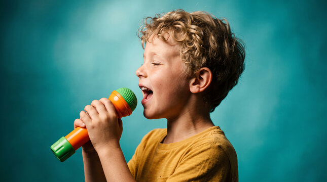 Young boy with curly hair singing enthusiastically into a colorful toy microphone