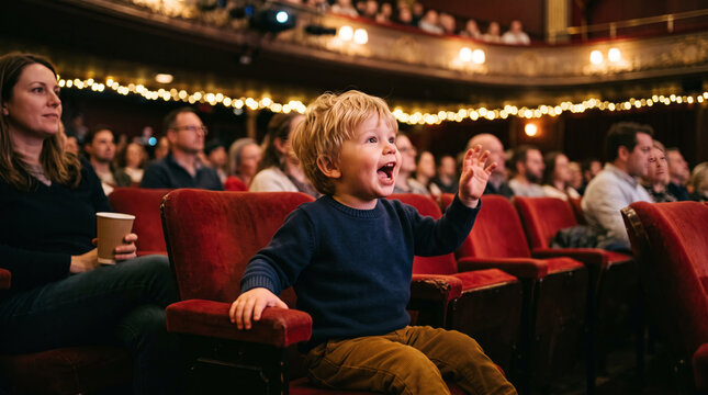 Excited young boy watching a performance in a theater with audience