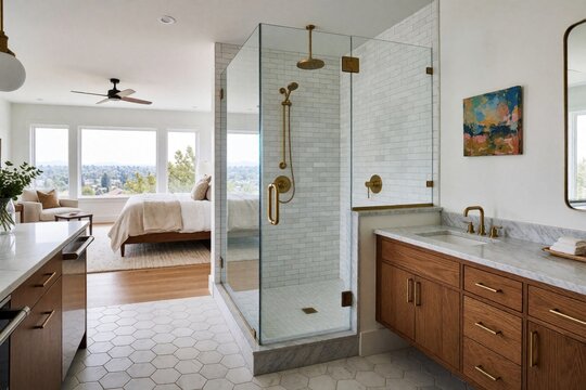 Modern ensuite bedroom with glass shower and city view. Spacious open layout, light filled bedroom and bathroom feature sleek wood vanity, marble counters, and gold fixtures.