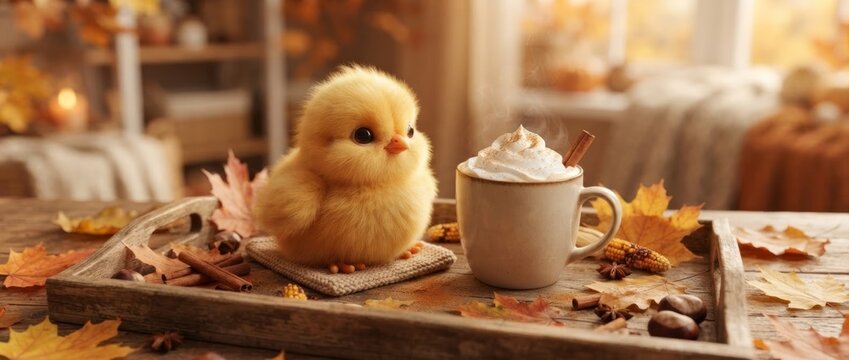 Cute fluffy yellow chick sitting on wooden tray near cup of coffee with whipped cream and cinnamon. Autumn coziness concept with fall leaves and spices. Thanksgiving greeting card