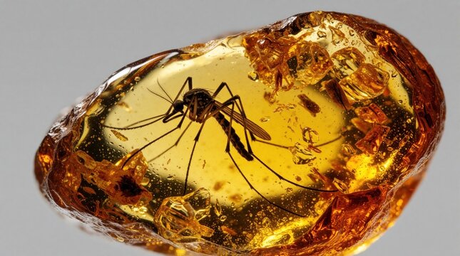 Ancient mosquito fossilized in golden amber. Insect trapped in transparent resin. Prehistoric creature preserved, showing ancient life detail for study. Macro view of natural history.