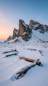 Snow covered mountain peaks under clear sky at dawn. Frozen landscape with weathered driftwood on icy ground. Arctic nature scene, serene winter wilderness.