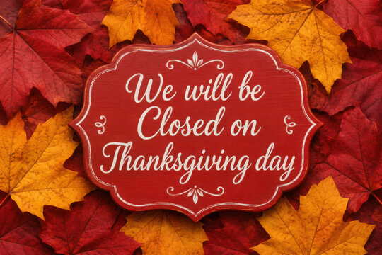 Closed Thanksgiving Day sign with autumn leaves