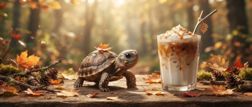 Cute turtle with autumn maple leaf near glass of iced coffee with whipped cream and caramel on wooden table. Fall season cozy drink concept. Autumn forest background with sunlight