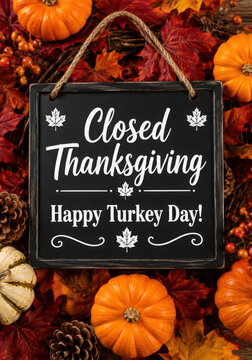 Closed Thanksgiving sign on a chalkboard sign on pumpkins