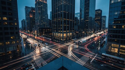 Obraz premium Aerial view of a busy city intersection at night with long exposure light trails from moving traffic
