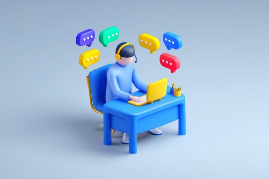 Isometric view of a support agent with a headset and colorful chat bubbles above the desk, customer service concept, 3D illustration