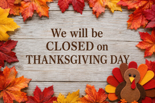 We will be closed Thanksgiving Day with fall leaves and turkey on weathered wood