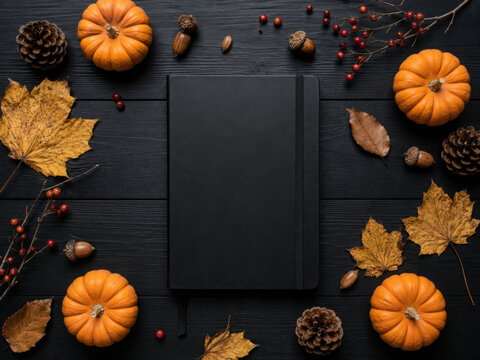 Closed black notepad with autumn decor on black background