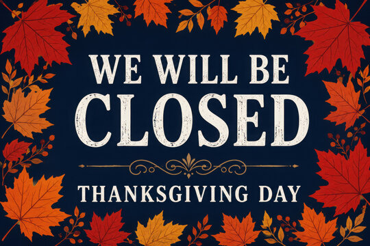 "We Will Be Closed Thanksgiving Day" Sign with Autumn Maple Leaf Border on Dark Blue Background