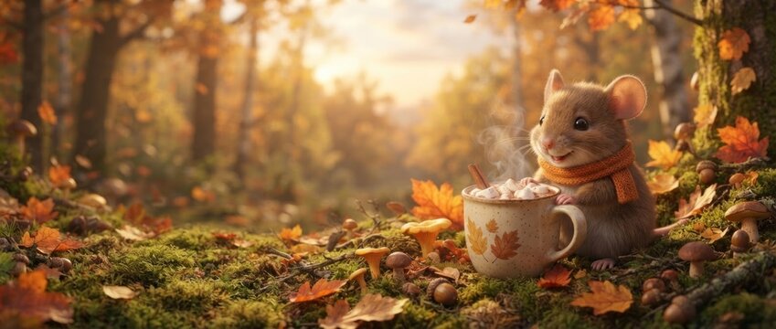 Cute mouse in knitted scarf with mug of hot chocolate in autumn forest. Cozy fall scene with falling leaves, mushrooms and warm sunlight. Thanksgiving and autumn season concept.