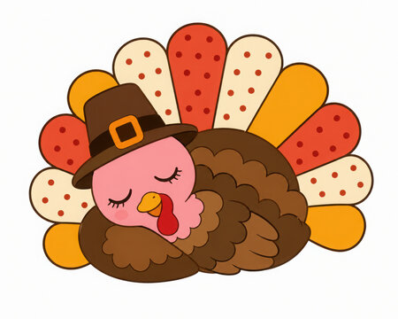 Vector Thanksgiving turkey in pilgrim hat. Autumn bird icon. Fall holiday sleeping animal with closed eyes isolated on white background