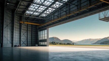 Obraz premium Empty airplane hangar with open doors reveals landscape of lake mountains and clear sky. Industrial metal structure facility overlooks natural scenic view.