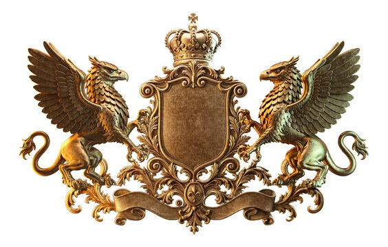 Golden heraldic griffin crest with crown shield emblem and ornamental supporters isolated on transparent PNG background. Two winged griffins flanking a blank shield, royal crown, ornamental foliage