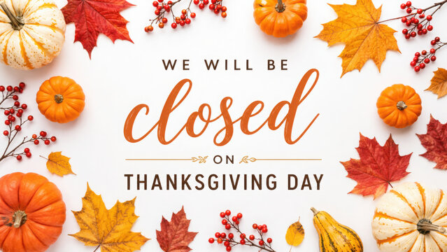 Thanksgiving day holiday closure announcement with festive autumn decorations and pumpkins on white background