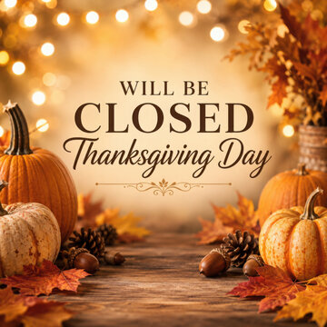 Thanksgiving Day closed notice with pumpkins and leaves
