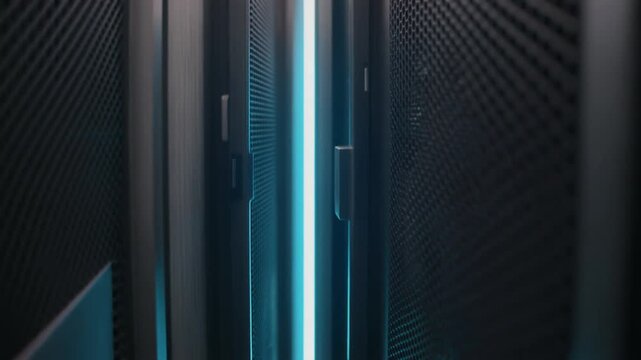 サーバーキャビネットの隙間から青い光が漏れる縦の接写