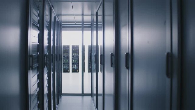 暗い廊下からガラス壁越しに見る明るいサーバー室