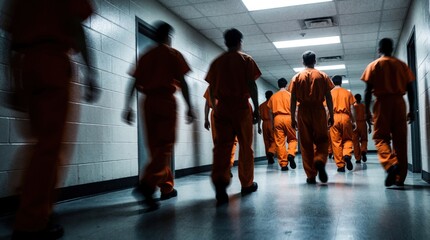 Fototapeta premium Inmates in orange jumpsuits walk down a long, grey corridor. Figures are blurred showing motion, suggesting confinement and routine in a facility.