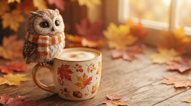 Cute owl with knitted scarf perched on ceramic mug of cappuccino on wooden table with autumn foliage. Cozy fall season concept. Hello autumn greeting card design.