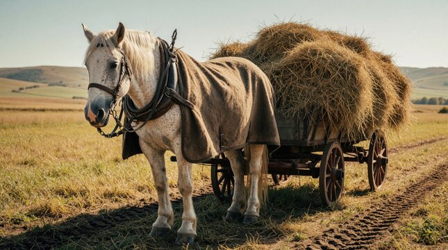 White dappled horse pulls wooden wagon loaded with dry hay in rural countryside. Animal wears warm blanket during cold season. Old farm cart stands on dirt road in summer field under sunny sky.