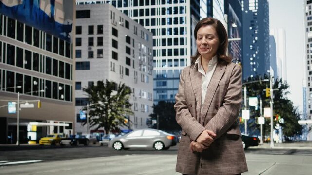 Happy businesswoman stands on a city crosswalk during daylight and enjoys a stroll after work; the cheerful professional looks up at modern downtown office buildings in the business district.